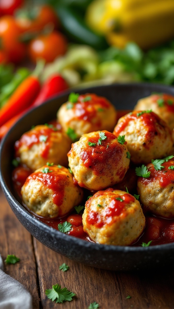 Keto Zucchini Chicken Meatballs served in a bowl with garnishes.