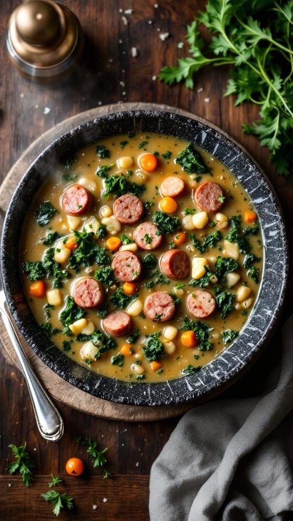 A bowl of Keto Zuppa Toscana with sausage, kale, and vegetables